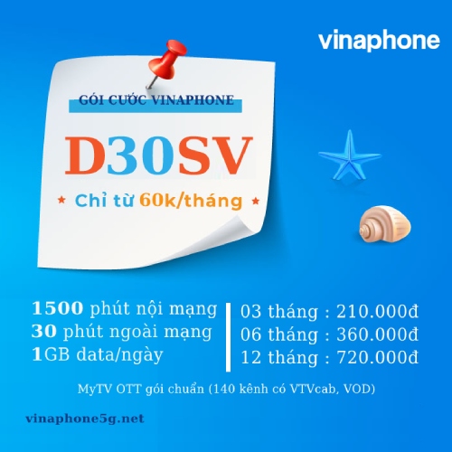 Gói Vinaphone Trả Sau D30SV Giá Siêu Rẻ Chỉ 60k/tháng